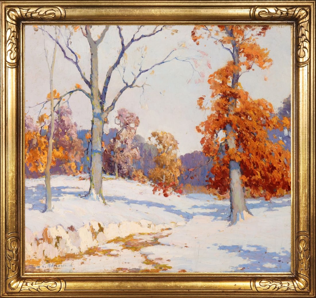 CAMILLO ADRIANI (1908-1990) OIL ON BOARD: Camillo Adriani (1908-1990) Late Fall Snow First quarter of the 20th Century. The New England landscape in fall foliage and snow cover, deep purples in the background, is signed lower left and display