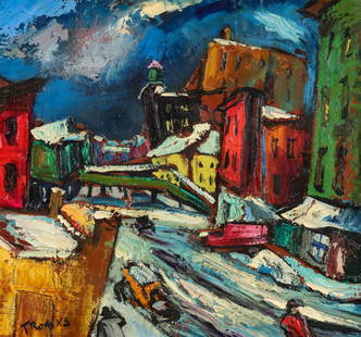 ABRAM TROMKA (1896-1954) MODERNIST OIL ON MASONITE: Abram Tromka (New York, 1896-1954) Street Scene The expressionist influence composition of a cityscape with snow at dusk is signed lower left and again verso, where the remains of a label from The Ame