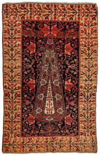 A FINE PERSIAN MALAYER PRAYER RUG WITH CYPRESS C. 1860: The elegant field design with lobed floral vase issuing a large central cypress filled with ascending herati designs and a smaller central cypress in ivory surrounded by intricate and active designs o