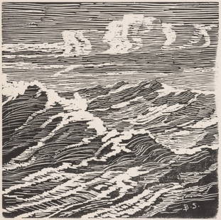 BIRGER SANDZEN (1871-1954) PENCIL SIGNED WOODBLOCK: Birger Sandzen (Kansas, 1871-1954) Rough Sea 1917 The early woodblock print from an edition of 100 prints or less is signed by Birger Sandzen in pencil below the image lower right and titled lower