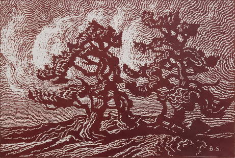 BIRGER SANDZEN (1871-1954) PENCIL SIGNED BLOCK PRINT: Birger Sandzen (1871-1954) The Sentinel Pines 1919 This rare and desirable large format pointillist technique block print is from an edition of only 100 prints or less on Bond watermarked paper