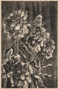 BIRGER SANDZEN (1871-1954) PENCIL SIGNED WOODBLOCK: Birger Sandzen (Kansas, 1871-1954) Chinese Woolflowers 1916 The unusual woodcut print published in an edition of 100 prints or less is signed by the artist in pencil below the image lower right