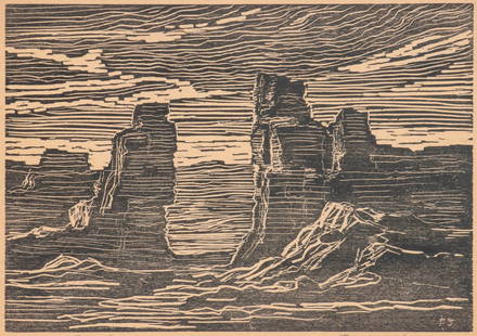 BIRGER SANDZEN (1871-1954) PENCIL SIGNED WOODBLOCK: Birger Sandzen (Kansas, 1871-1954) The Desert Gateway 1916 The early woodblock print in an unusual stylistic approach is from an edition of 100 prints or less and signed by Birger Sandzen in pencil be