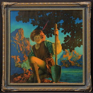 A RARE MAXFIELD PARRISH JACK AND THE BEANSTALK PRINT: Maxfield Frederick Parrish (1870-1966) Jack and the Beanstalk Circa 1920s. The very rare mechanical print is after a Maxfield Parrish illustration commission for Ferry Seeds. The print is displayed in