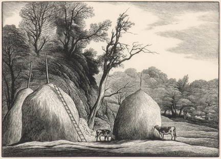 THOMAS W. NASON (1889-1971) SIGNED WOOD ENGRAVING: Thomas Willoughby Nason (1889-1971) Haystacks 1949 The wood engraving published by Associated American Artists in an edition of 250 prints is signed and dated by the artist in pencil below the image l