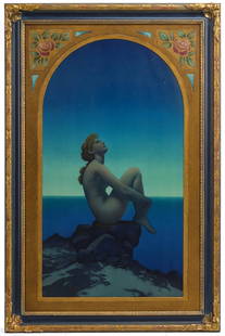 LARGE MECHANICAL PRINT 'STARS' AFTER MAXFIELD PARRISH: Circa 1927. The original late 1920s large format print titled Stars, exhibiting excellent color, is displayed in an exceptional frame with unique carved and painted gesso mat. Overall framed size meas