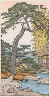 TOSHI YOSHIDA (1911-1995) JAPANESE WOODBLOCK PRINT: Toshi Yoshida (Japanese 1911-1995) Pine Tree of the Friendly Garden. From the Friendly Garden Series. Late 20th Century. The color woodblock print pulled from nineteen blocks and printed colors is sig