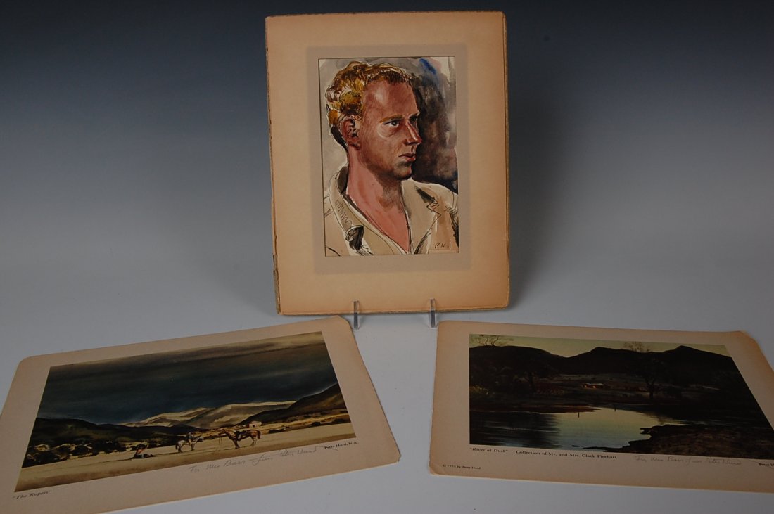 PETER HURD (1904-1984) INK WASH SELF PORTRAIT: Measures 8 x 5.25 inches, initials lower right and date of 1944 (just to the right of a cut hole in the paper). Included are two color offset lithograph prints with pencil signature and inscription, o