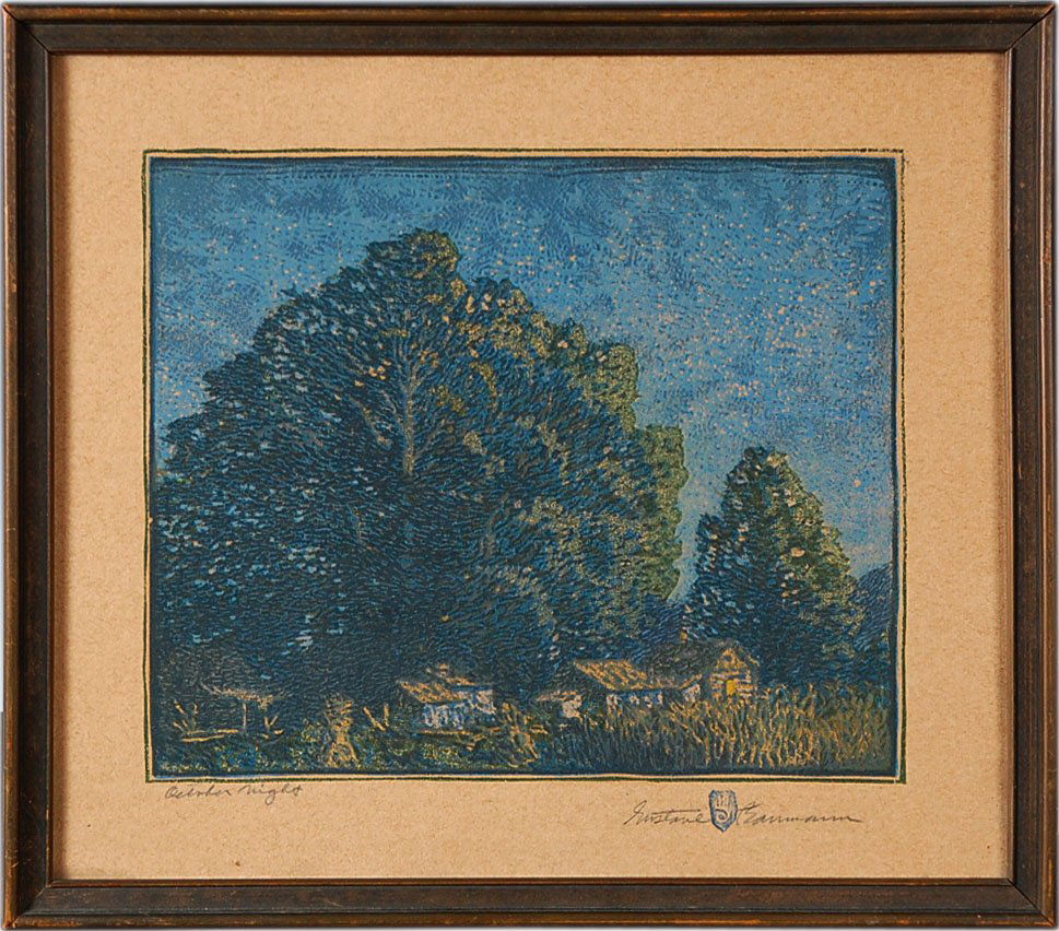 GUSTAVE BAUMANN PENCIL SIGNED WOODBLOCK PRINT 'OCTOBER: Gustav Baumann (1881 - 1971) wood block titled 'October Night' lower left, signed lower right. 9.5 x 11.25 inch image field, 13.5 x 15.5 inch frame. ADDITIONAL IMAGE AND UPDATED CONDITION REPORT ADDED