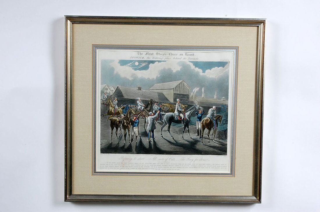 SET OF FOUR C. 1839 STEEPLE CHASE ENGRAVINGS AFTER ALKE: A series after Henry Thomas Alken (1785 - 1851) titled 'The First Steeple-Chase on Record,' drawn by H. Alken, engraved by J. Harris. Plate one: 'Ipswich, the Watering-place behind the Barracks.' Plat