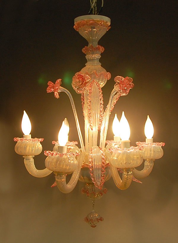MURANO PINK OPALESCENT GLASS CHANDELIER: Measures 29 x 20 inches, intact and very good, taken from a local home where it was lit and working.