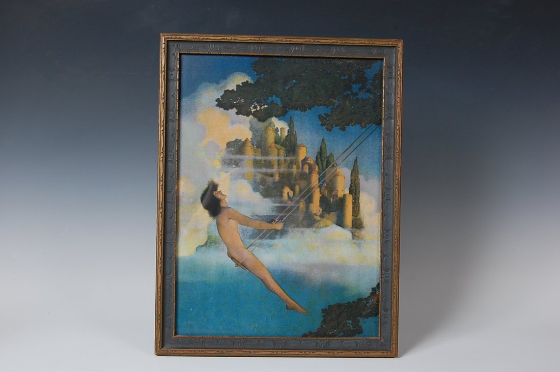 MAXFIELD PARRISH PRINT TITLED 'DINKEY BIRD': An original print in its original frame, measures 14.5 x 10.5 inches visible sight size within a 16.5 x 12.5 inch frame.