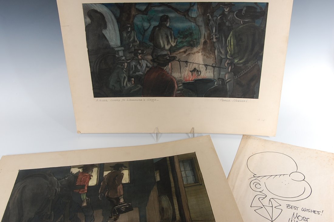 ORIGINAL ILLUSTRATION ART BY MORT WALKER AND JOHN DATU: Includes a 9 x 12 drawing of Beetle Bailey and signed 'Best Wishes! Mort Walker,' plus two illustrations by John Datu titled 'Peace Marshal,' titled 'A Rider Comes to Waggoner's Camp' and 'Clerk and G