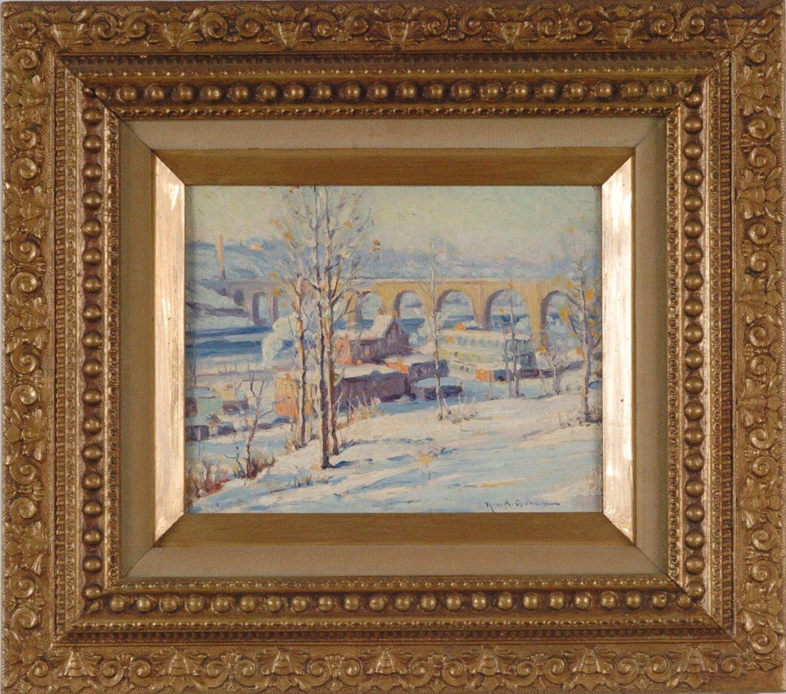 ROBERT ALEXANDER GRAHAM (1873-1946) SALMAGUNDI OIL ON P: Signed lower right corner, 8 x 10 inches, 16 x 18 inch frame. With a 'Salmagundi Club, Thumb-box Exhibition' tag affixed to the reverse, with title 'High Bridge.'