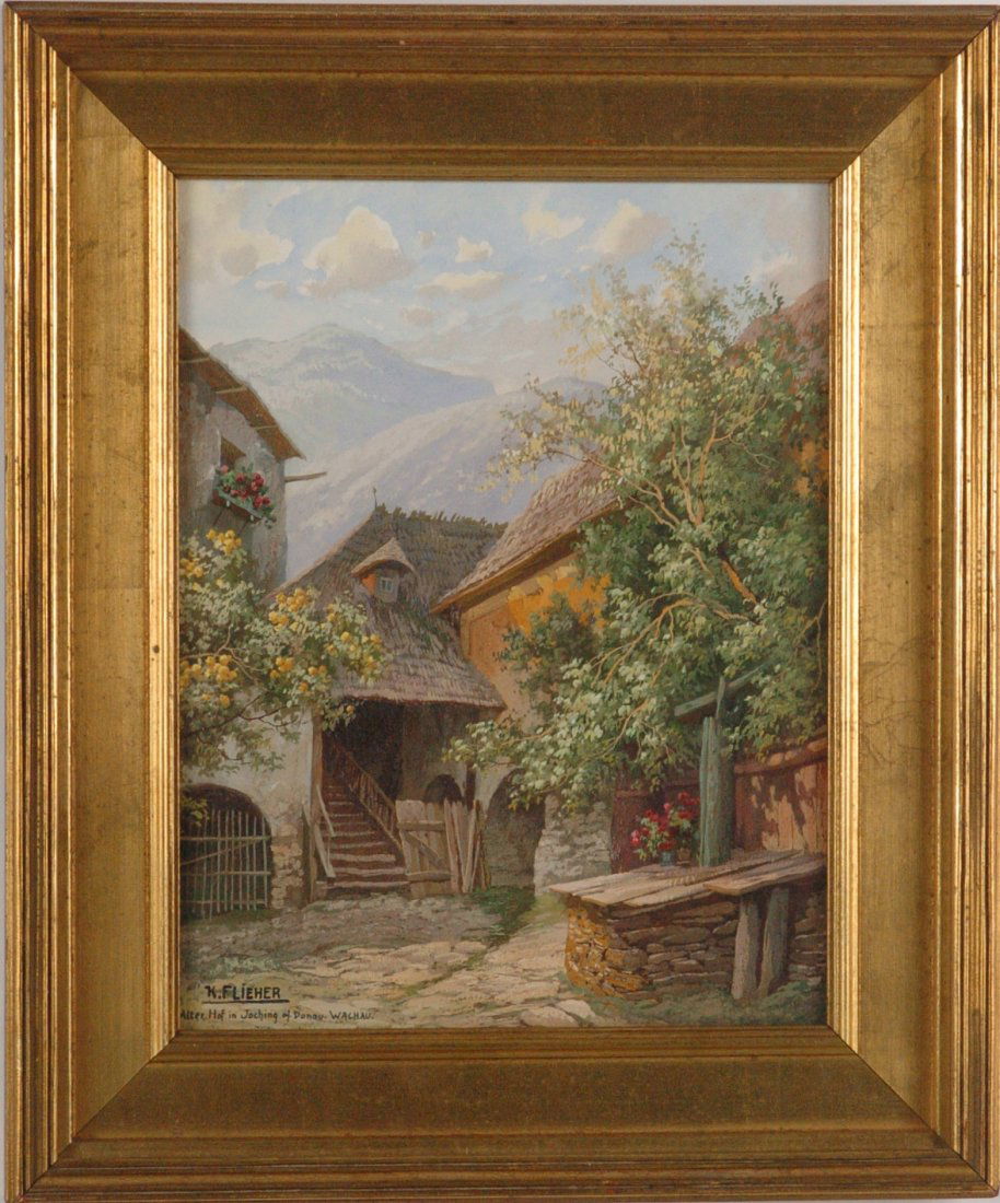 KARL FLIEHER (1881-1958) TEMPERA, OIL ON PANEL: Signed and titled lower left, 'Alter Hof in Joching a/.Donau. Wachau.' 10.5 x 8.5 inch sight size, 14.5 x 12 inch frame.