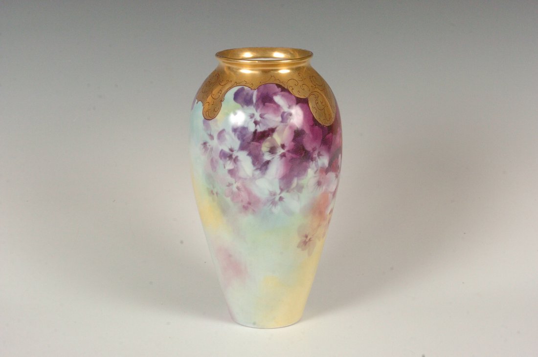 PICKARD HAND-PAINTED CHINA VASE, EDWARD GIBSON: Signed E. Gibson within the floral design, measures 8 x 4.5 inches.