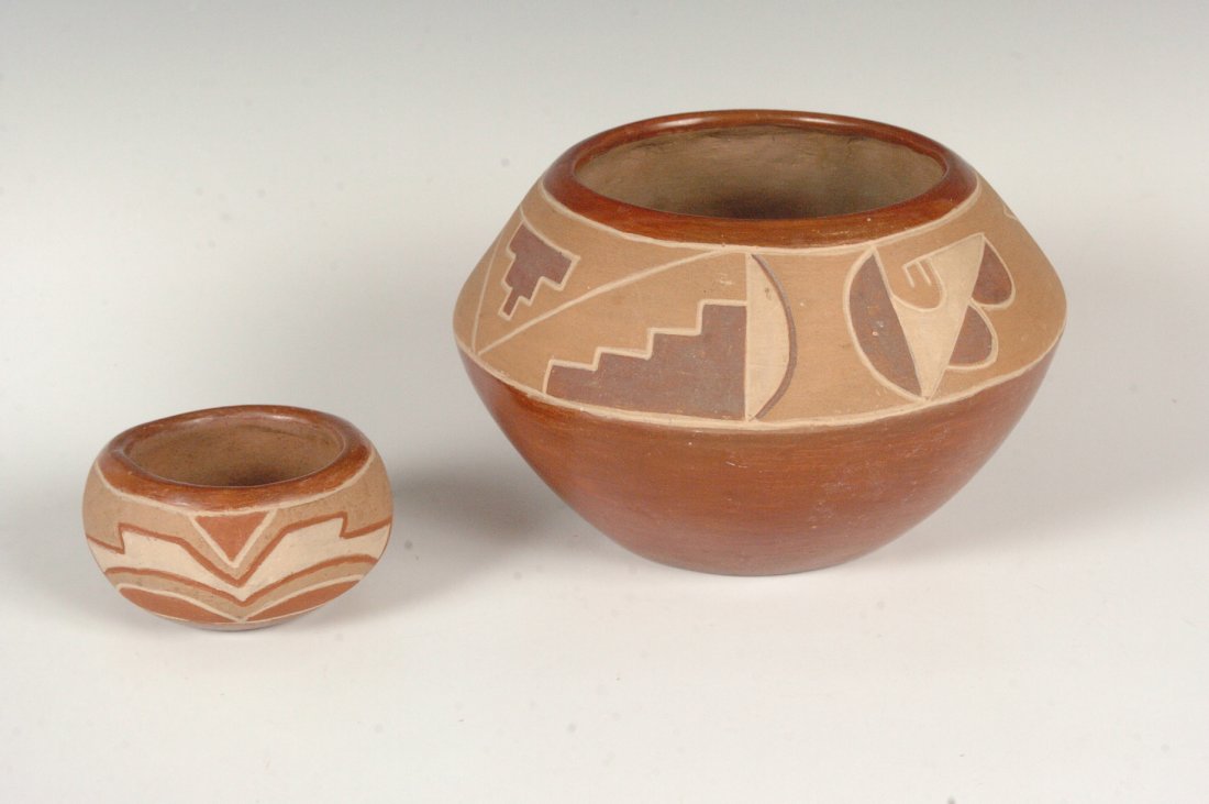 TWO PIECES SAN JUAN PUEBLO INDIAN POTTERY: 4.5 x 7 and 2 x 3.5 inches.