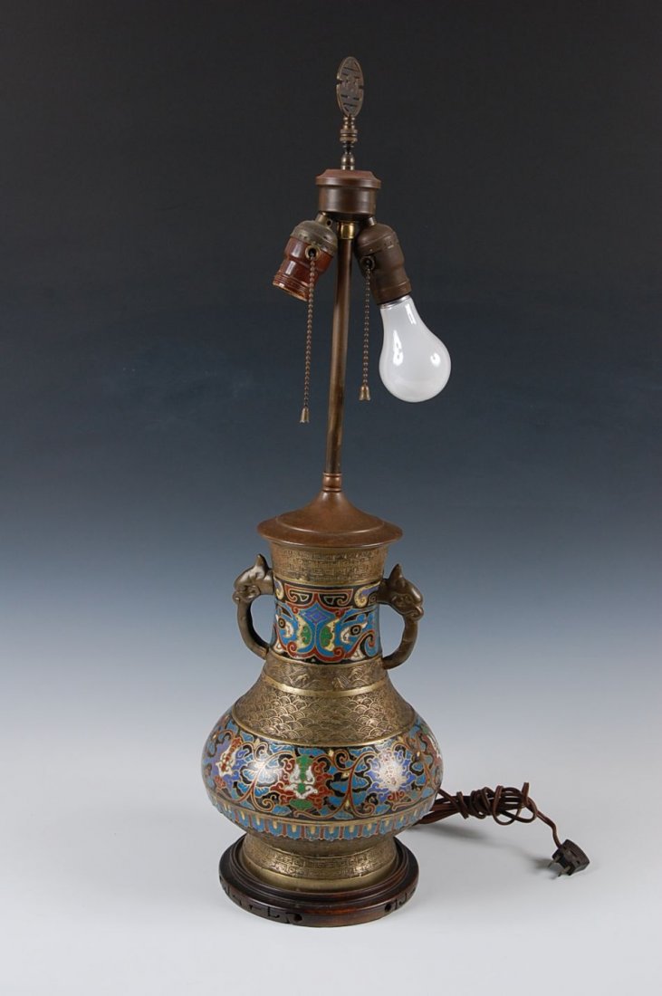 CHINESE CHAMPLEVE ENAMELED BRONZE LAMP BASE: 28 x 8 inches.