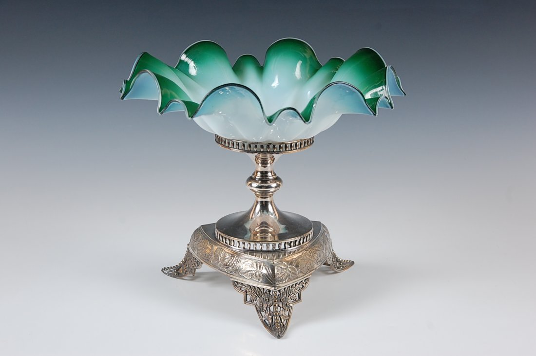 VICTORIAN BRIDE'S BOWL ON PAIRPOINT STAND: 10.5 x 11 inches.