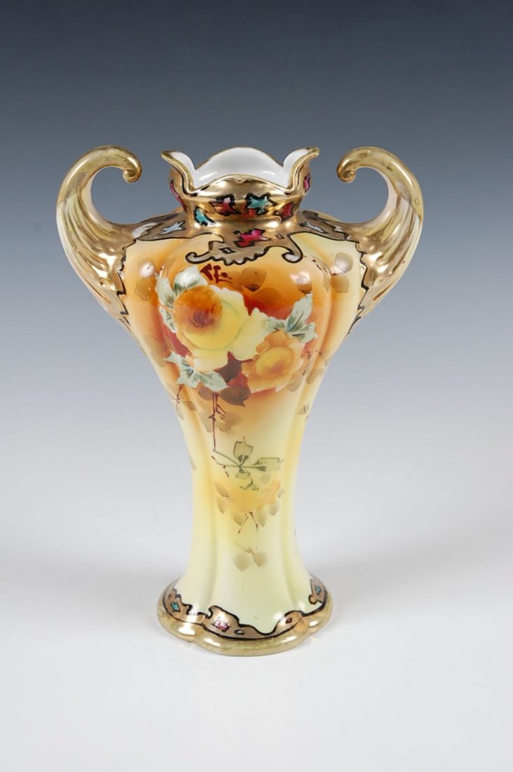 NORITAKE NIPPON TALL VASE WITH HANDLES: Measures 11.5 x 8 inches, signed on the base