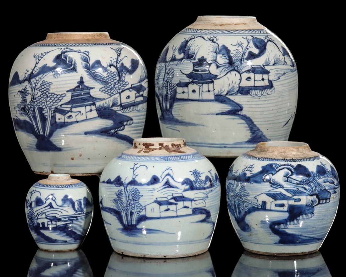 FIVE EARLY 19TH C. CHINESE EXPORT CANTON GINGER JARS (1 of 17)