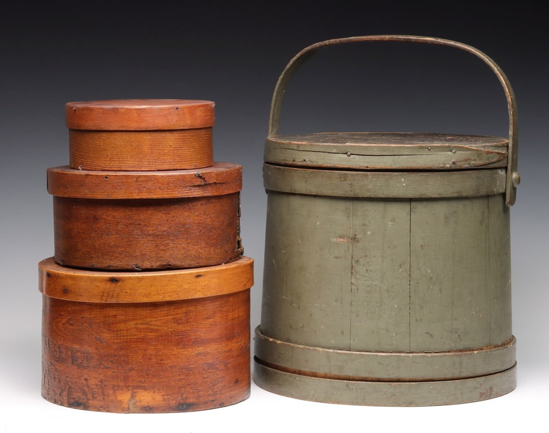 BENTWOOD PANTRY BOXES AND 19TH CENT FIRKIN IN OLD PAINT (1 of 16)