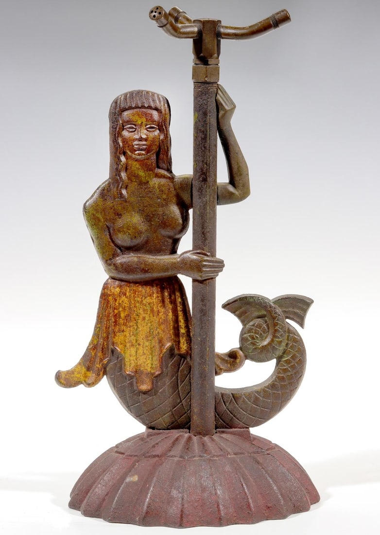 A RARE ART DECO CAST IRON MERMAID LAWN SPRINKLER (1 of 11)