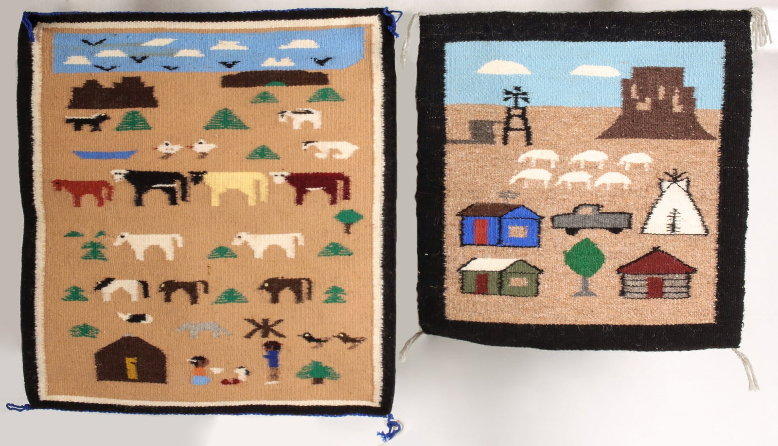 NAVAJO PICTORIAL WEAVINGS BY SADIE ROSS & PAULINE BEGAY: 1. The larger here by Pauline Begay pictures distant buttes, cattle, dogs, children and more on buff ground below a blue sky with clouds and birds. An accompanying tag identifies the weaver. 2. The sm
