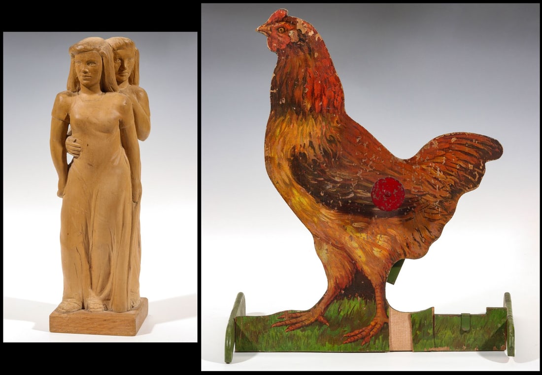 AMERICAN ARTIST-SIGNED WOOD CARVING AND FIGURAL TARGET: 1. The sculpture of two female figures carved from maple is signed by an artist monogram verso and mounted on an oak block base, circa 1930s/40s. 2. The litho paper on wood figure of a chicken with ti