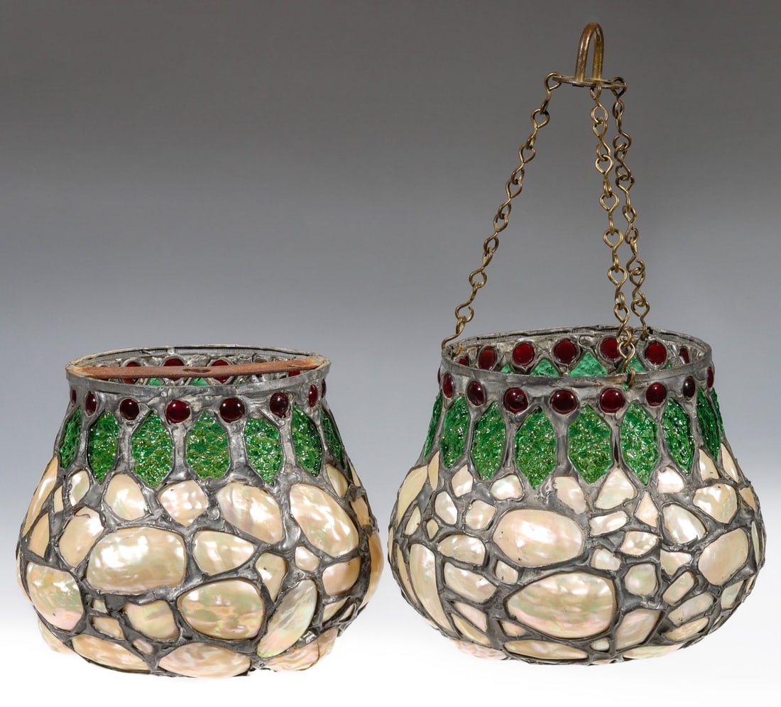 UNUSUAL SHELL AND GLASS LEADED LIGHT SHADES CIRCA 1920 (1 of 12)