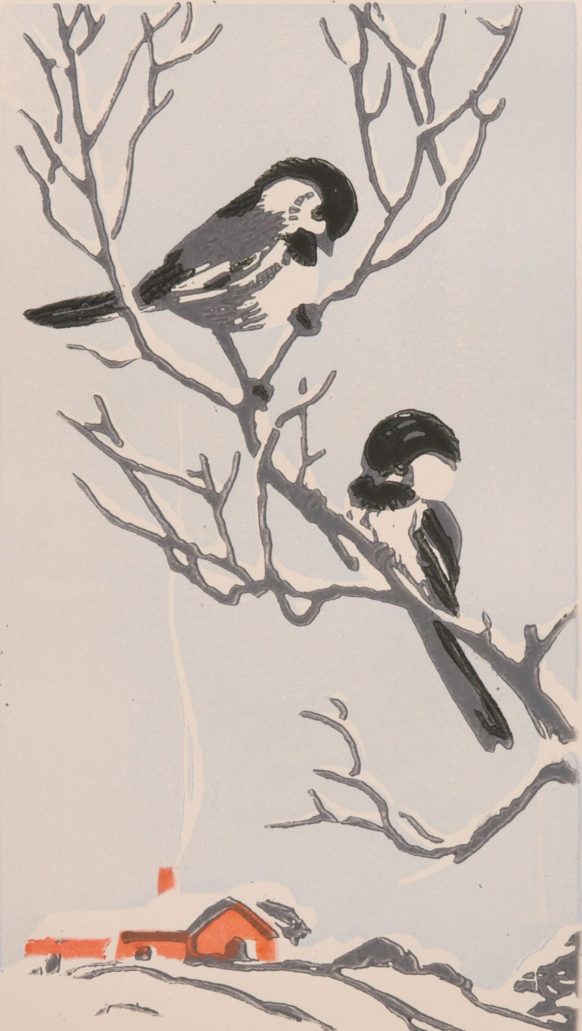 MARGARET WHITTEMORE (1897-1983) SIGNED COLOR WOODBLOCKS: Margaret Whittemore (1897-1983) Chickadees Circa 1945. The color woodblock print on cream wove paper is signed by the artist Margaret Whittemore in pencil below the image lower right and titled lower 