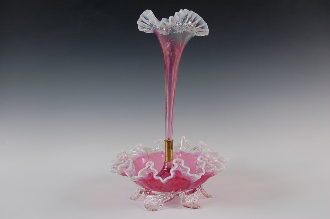 VICTORIAN CRANBERRY OPALESCENT SINGLE LILY EPERGNE: Measurements of 14.5 x 9.75 inches.
