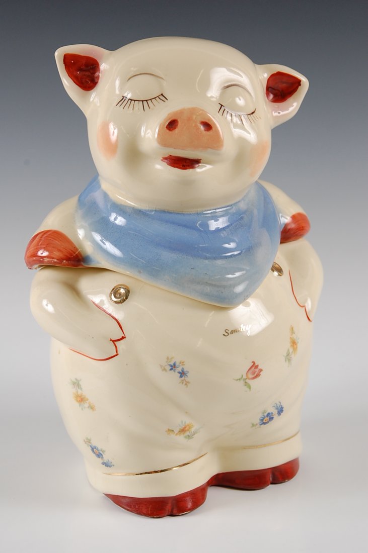SHAWNEE SMILEY PIG COOKIE JAR WITH DECALS: Measures 11.5 x 7.75 inches.