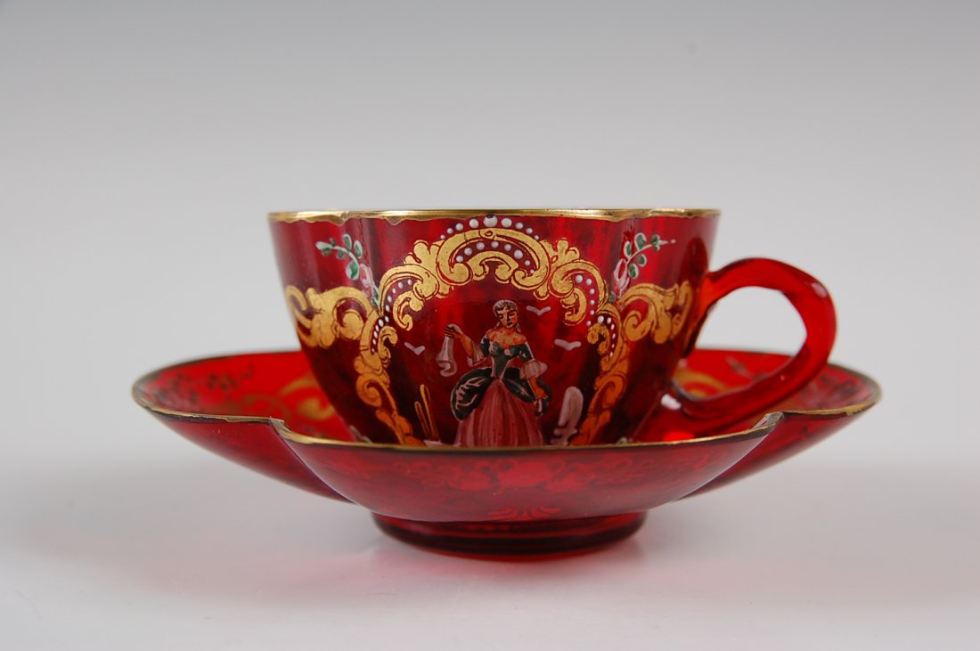 VENETIAN ENAMELED CUP AND SAUCER SET: Cup measures 1.5 x 3 inches, saucer measures 4 inches.