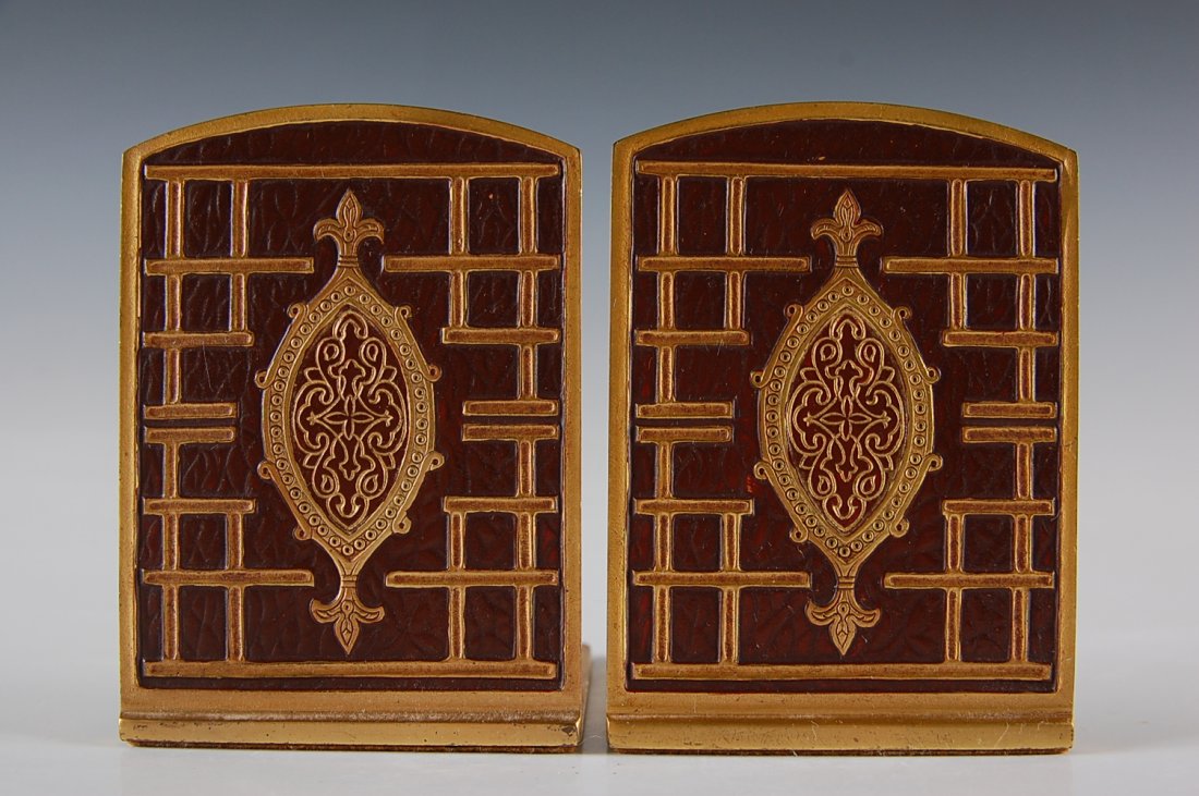 PAIR TIFFANY STUDIOS BOOKENDS NUMBER 1615: Measure 4.75 x 3.5 x 4.25 inches.