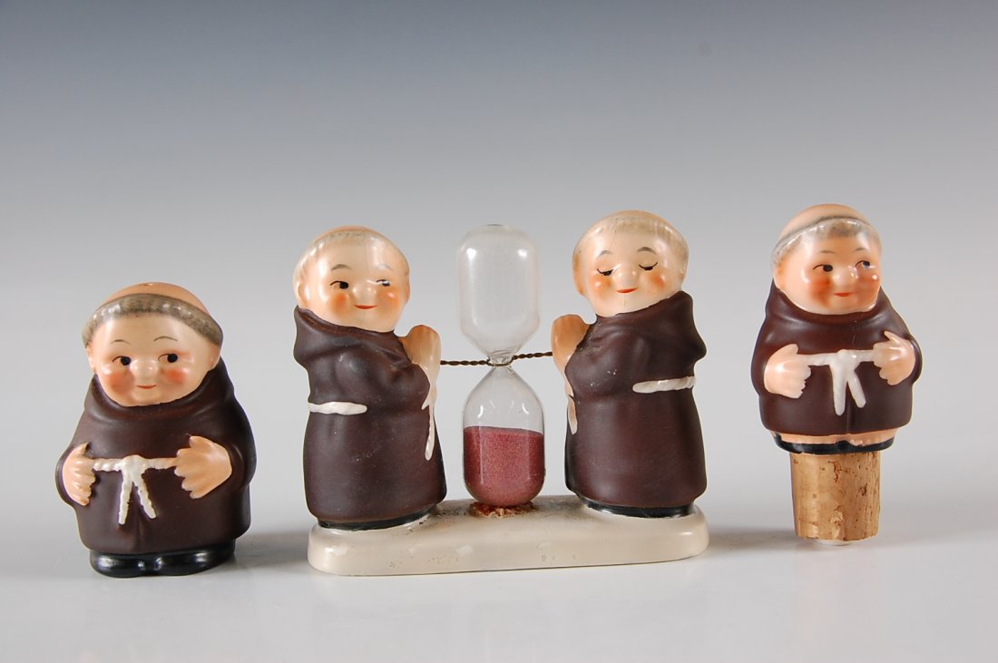 THREE GOEBEL FRIAR TUCK ITEMS INCLUDING KITCHEN TIMER: Measure 3.5 x 4 inches, 3 x 1.75 inch shaker, and a 3.25 inch stopper.