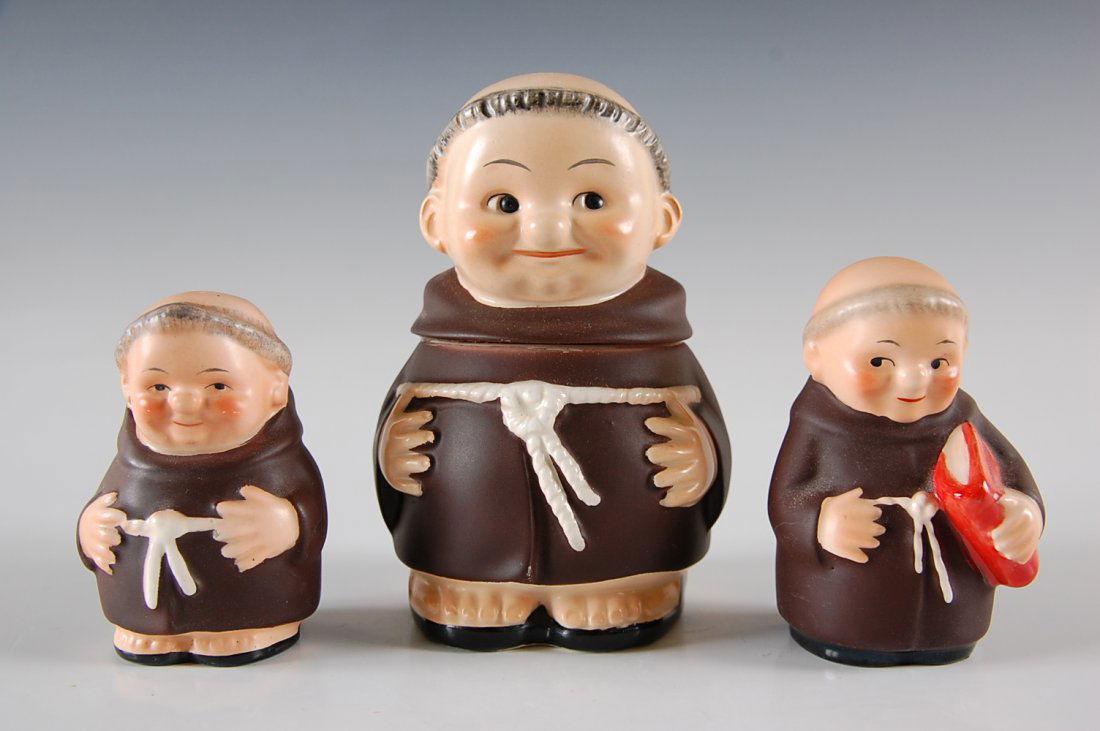 THREE GOEBEL FRIAR TUCK ITEMS: Mustard measures 5 x 2.5 inches, two shakers - 3.25 inches and 3 inches respectively.