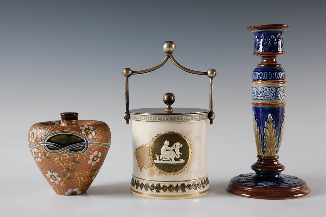 THREE PIECES ROYAL DOULTON INCLUDING LAMBETH: Includes Doulton 198Y, 4 x 3.75 inches; Lambeth candlestick, 8.25 inches high; and humidor; 4 inches high plus lid.