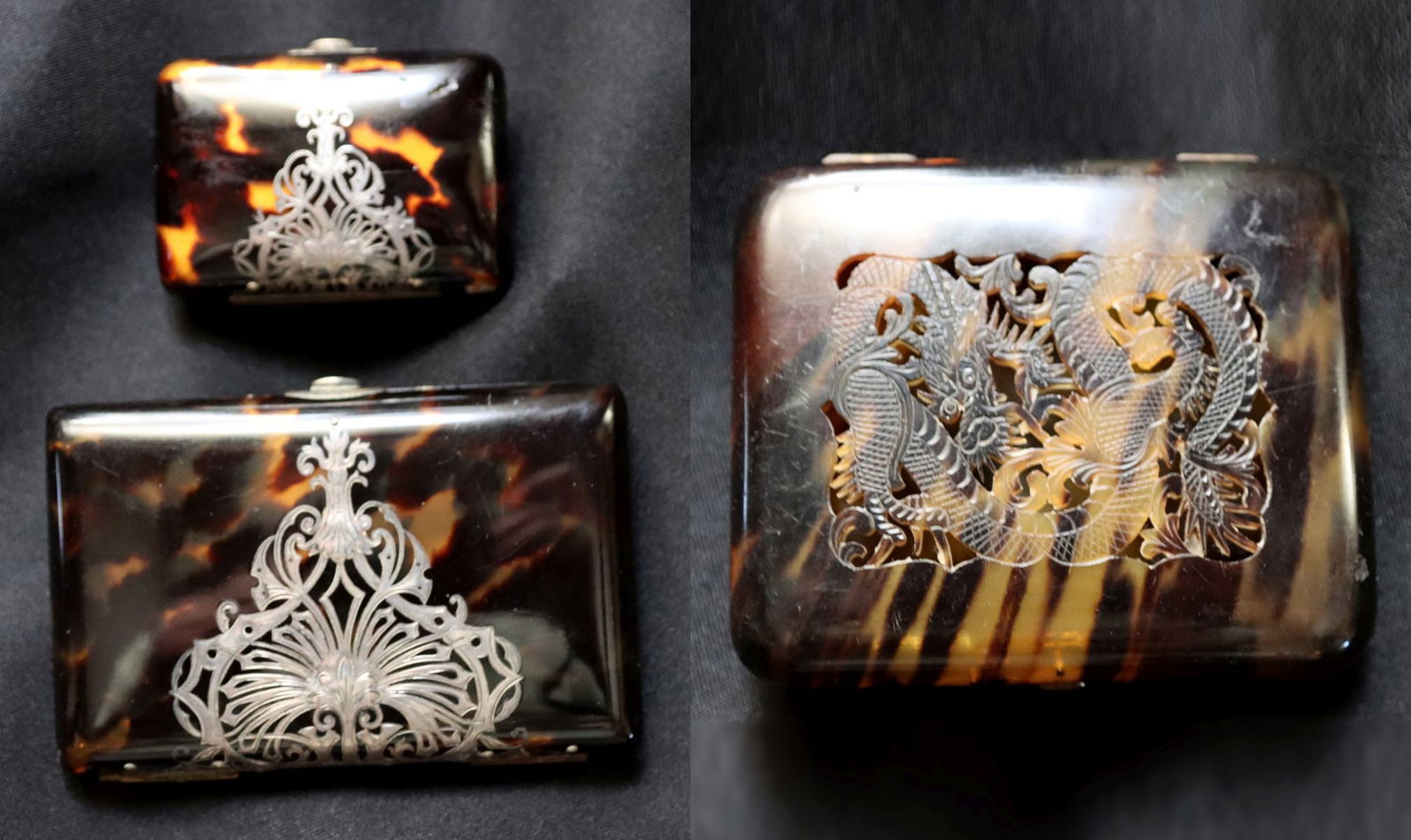 THREE FINE CARVED AND SILVER OVERLAID TORTOISE CASES (1 of 10)