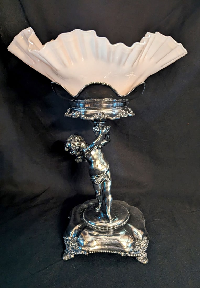 A VICTORIAN BRIDE'S BOWL ON PLATED CUPID FIGURAL STAND (1 of 9)