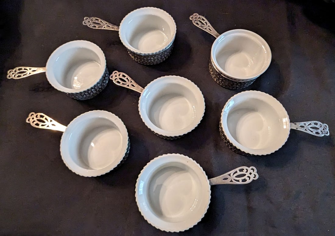 SEVEN PORCELAIN RAMEKINS IN GORHAM STERLING SILVER (1 of 4)