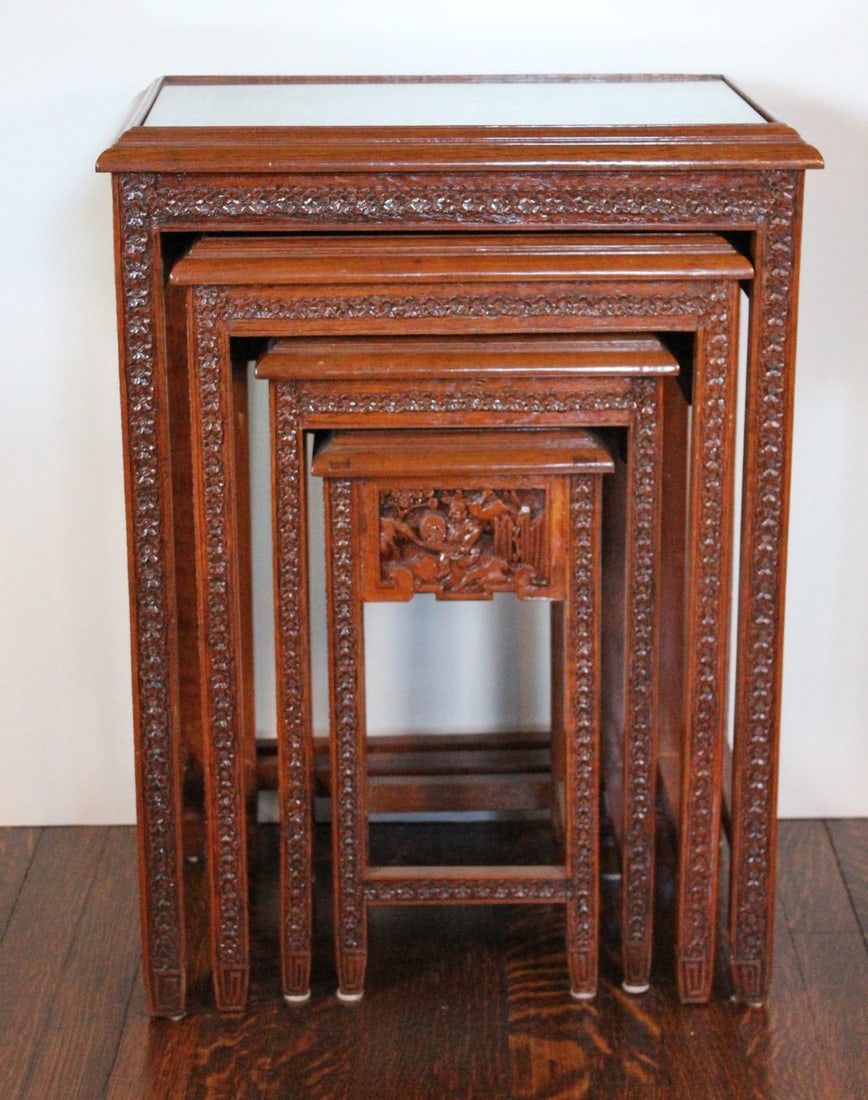 UNUSUAL HIGHLY CARVED CHINESE NESTING TABLES (1 of 11)