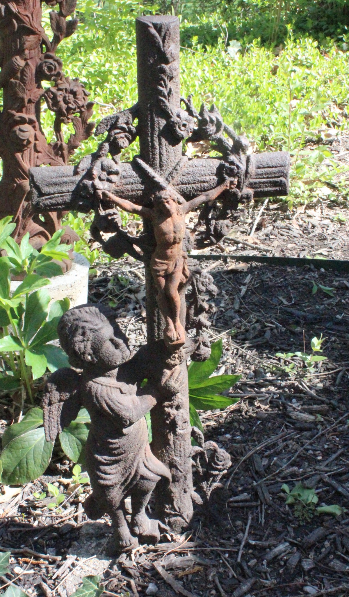 A 19C. CAST IRON CRUCIFIX WITH UNUSUAL ANGEL ATTENDANT (1 of 4)