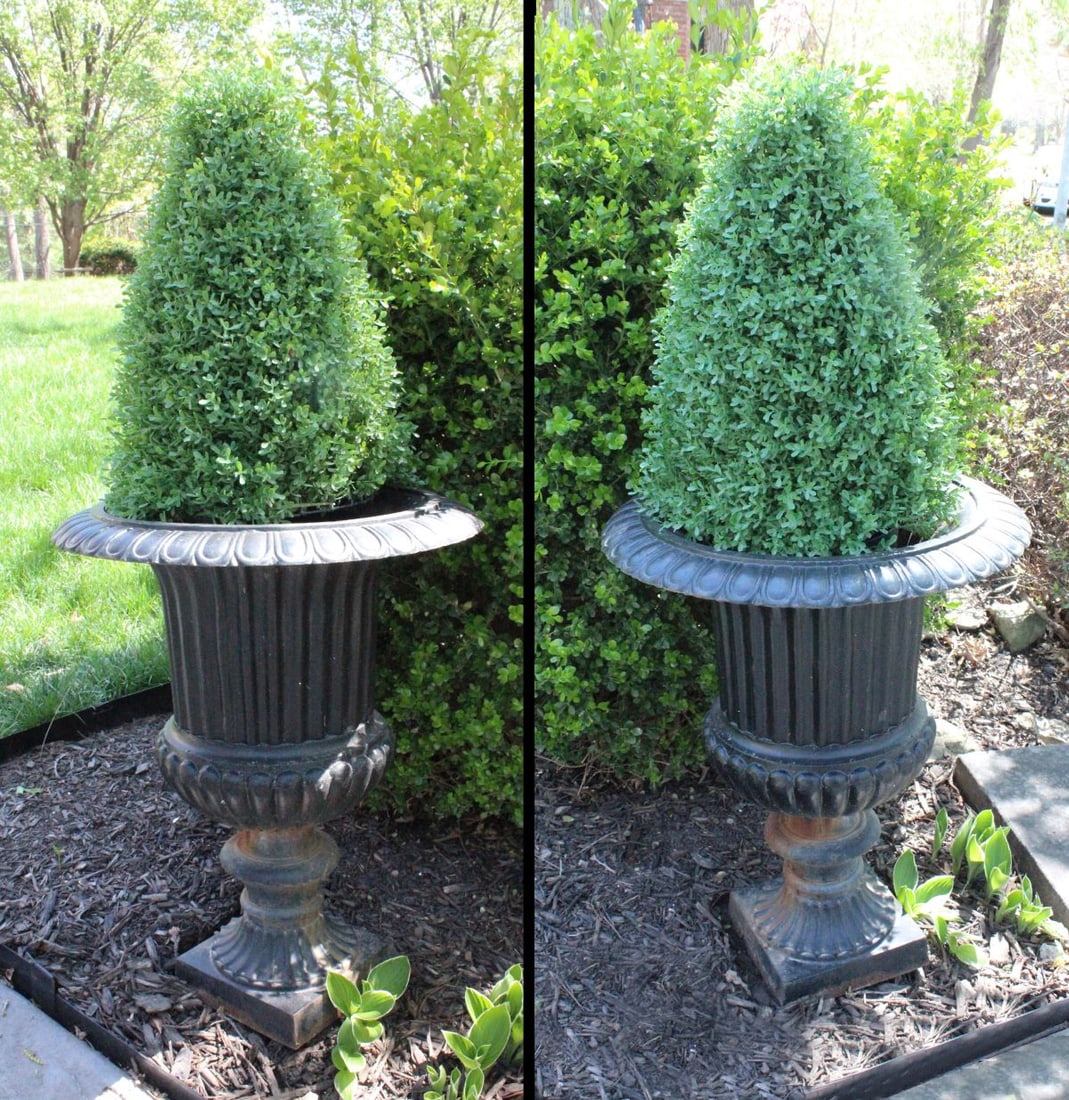 A PAIR OF CAMPAGNA FORM CAST IRON GARDEN URNS (1 of 6)