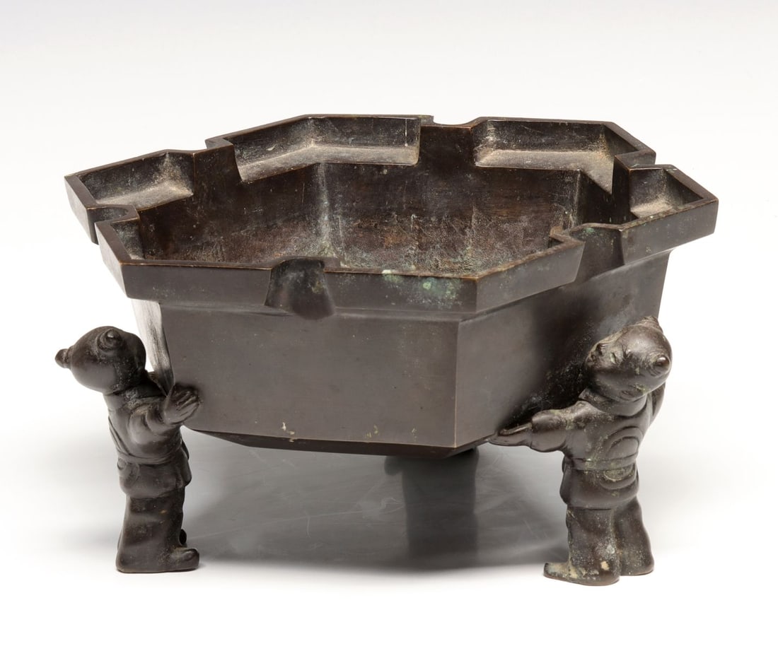 A FIVE-SIDED MEIJI BRONZE SUIBAN OR BONSAI POT (1 of 10)