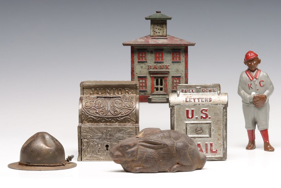 STEVENSON'S & OTHER ANTIQUE STILL BANKS, AND TWO OTHERS (1 of 16)