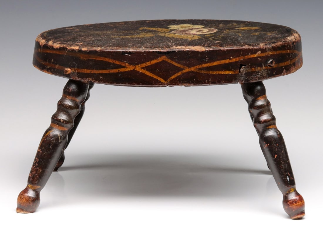 A 19C. CRICKET STOOL IN OLD PAINT WITH OCHRE STRIPING (1 of 14)