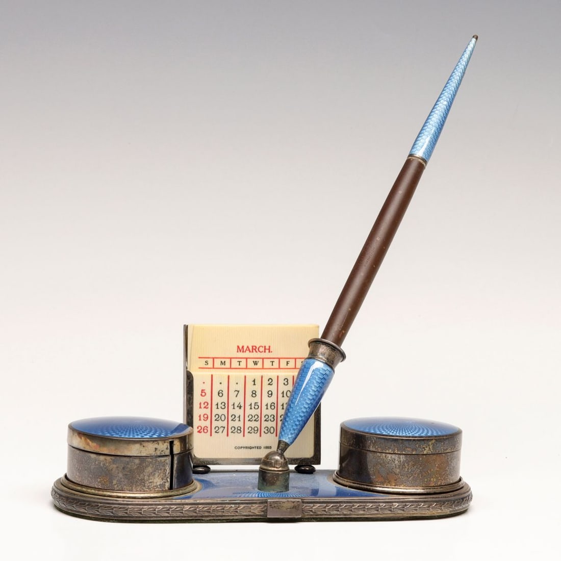 A FINE GUILLOCHE ENAMEL SILVER STAND WITH WATERMAN PEN (1 of 13)