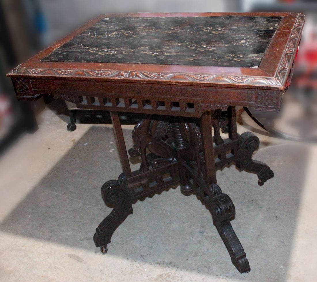 AN UNUSUAL VICTORIAN MARBLE TOP TABLE WITH GRIFFINS (1 of 16)
