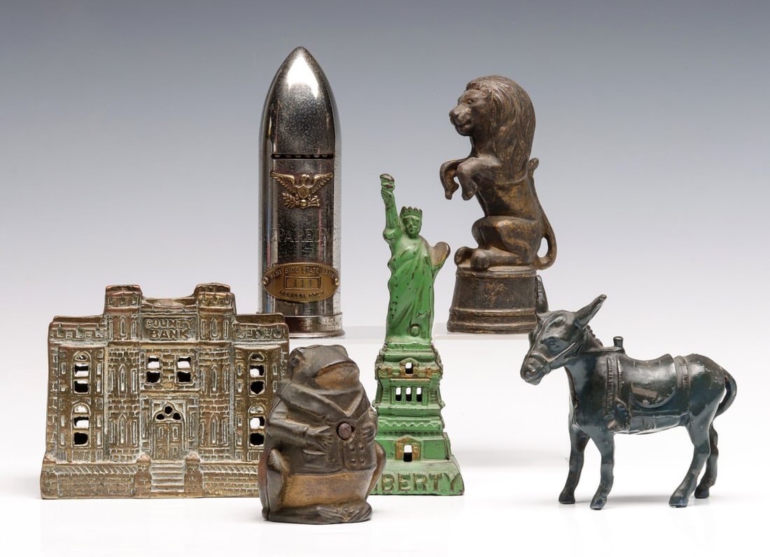 FIVE ANTIQUE BANKS, CAST IRON AND OTHER (1 of 14)